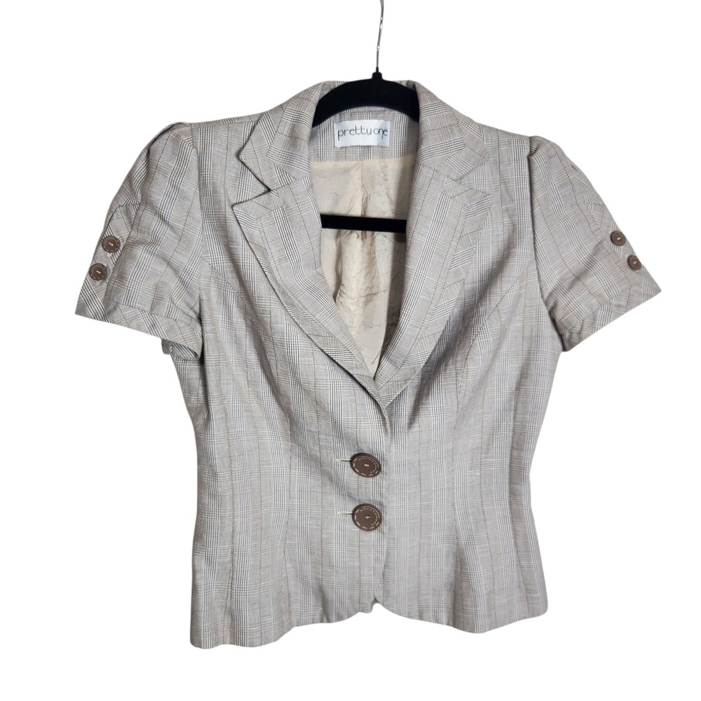 Pretty One Women Tan Plaid Short Sleeve Blazer Fitted Jacket Size 34